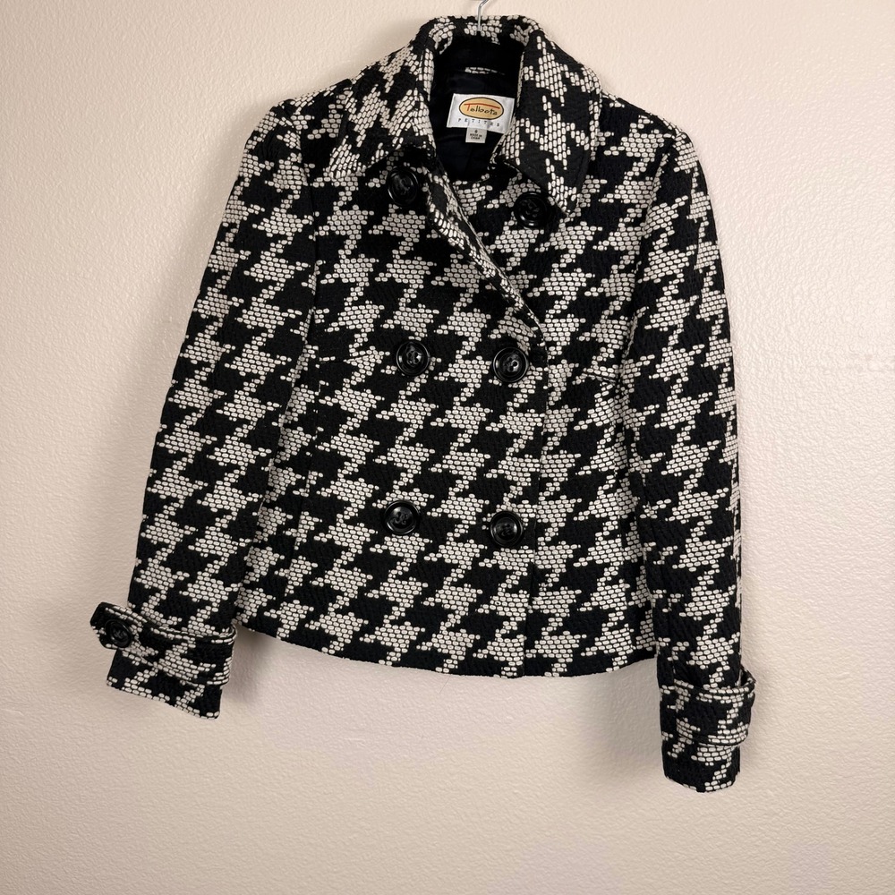 Talbots Pea Coat Women 8P Black White Retro Academia Houndstooth Double Breasted